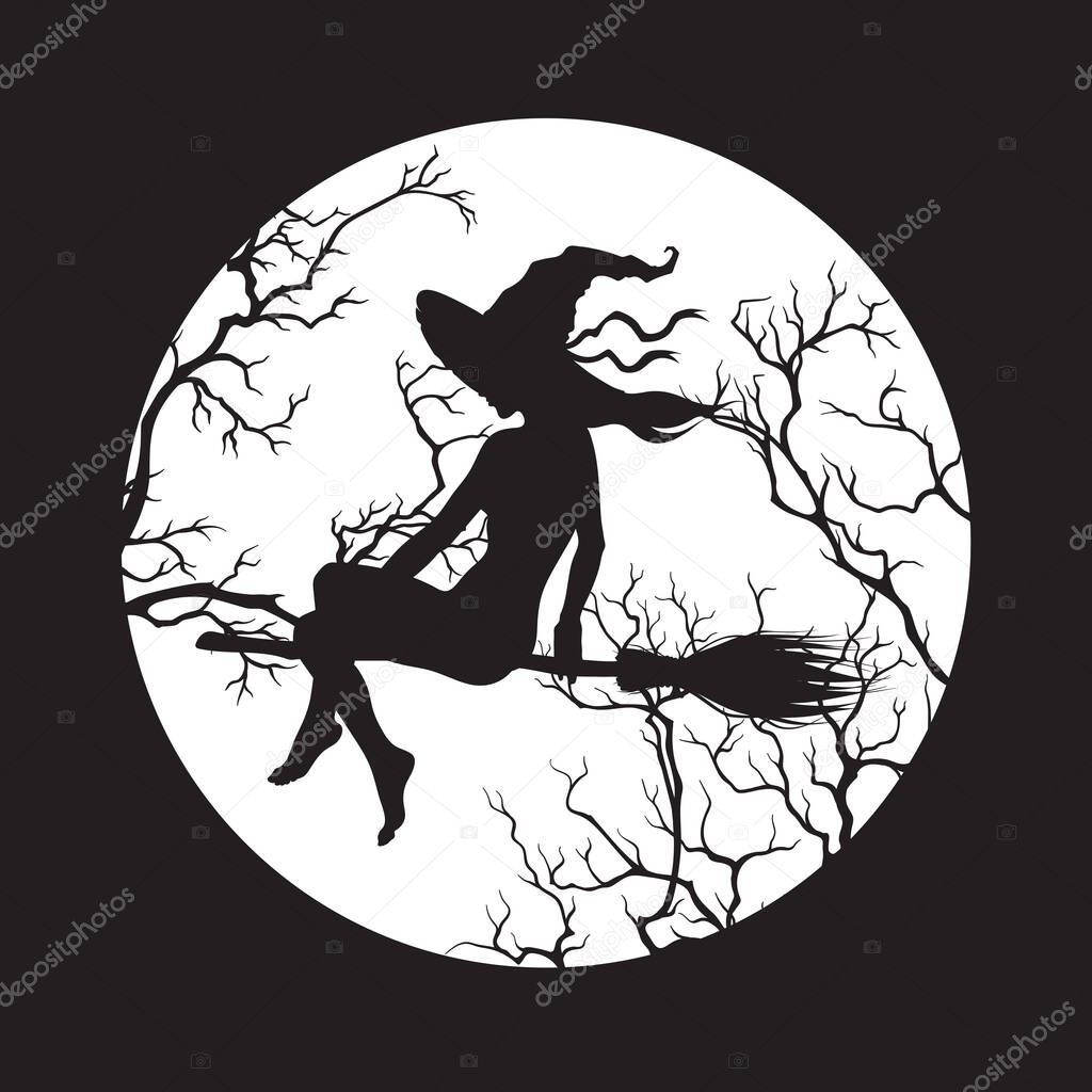 Silhouette of beautiful witch girl on a broom in front of the full moon in profile isolated hand drawn vector illustration.