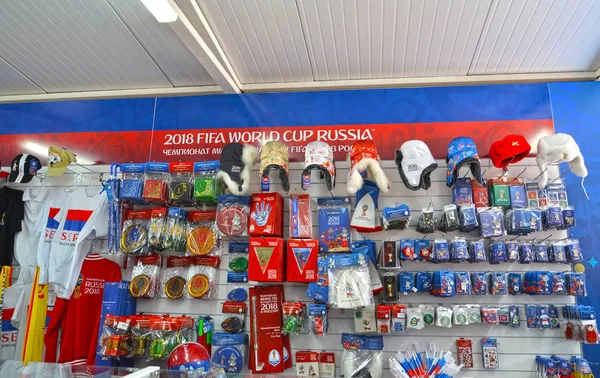Kalininingrad Rusia Junio 2018 Recuerdos Stand Tienda Oficial Fifa Copa —  Fotos de Stock