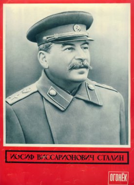 MOSCOW, RUSSIA - MARCH 15, 1953: I.V. Stalin's portrait on a cover of the mourning issue of the magazine Ogoniok. The Russian text - Iosif Vissarionovich Stalin. Spark  clipart