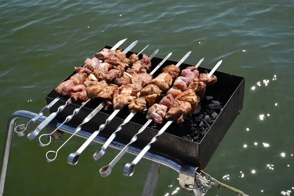 Preparation Shish Kebab Brazier Fixed Yacht Hand Rail — Stock Photo, Image