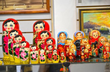 UGLICH, RUSSIA - MAY 21, 2018: Sale of nested dolls in gift shop clipart
