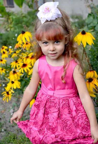 Niña Hermoso Vestido Cuesta Contra Fondo Los Florecientes Flores —  Fotos de Stock