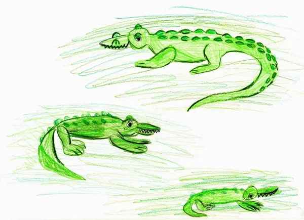 Three Green Crocodiles Children Drawing — Stock Photo, Image
