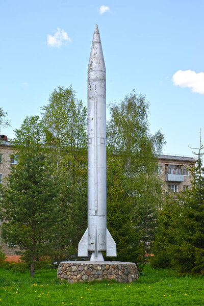 RYBINSK, RUSSIA - MAY 15, 2018: The operational and tactical Elbrus rocket 8K14 on a pedestal. Yaroslavl region