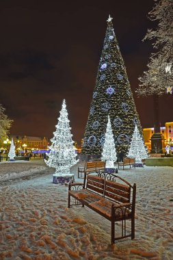 Kaliningrad, Rusya - 24 Aralık 2018: Parlayan çam ağaçları ve Zafer Meydanı'nda akşam bir yılbaşı ağacı