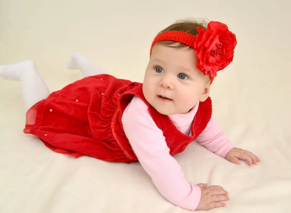 A menina de seis meses com uma flor vermelha na cabeça está em um estômago — Fotografia de Stock