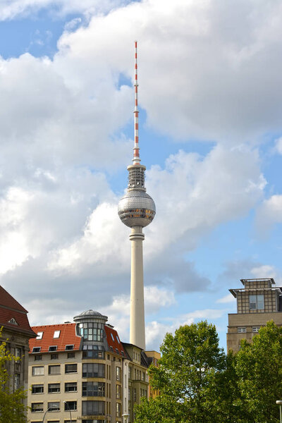 BERLIN, GERMANY - AUGUST 13, 2017: The Berlin television tower against the background of the blue sky