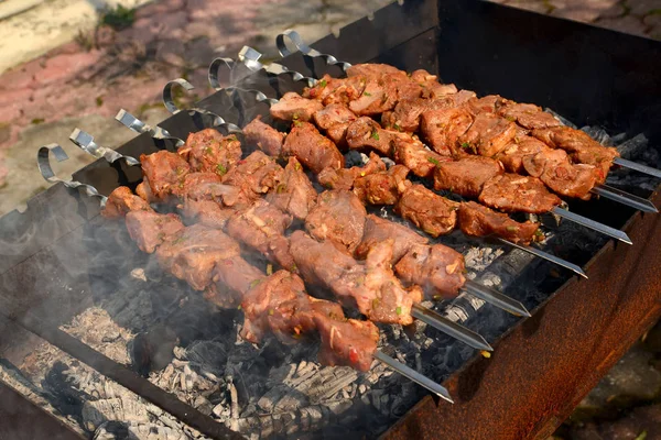 Shish Kebab jest smażony na Brazier — Zdjęcie stockowe