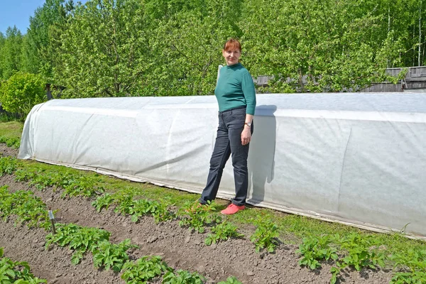 La mujer residente de verano se encuentra cerca de un semillero —  Fotos de Stock