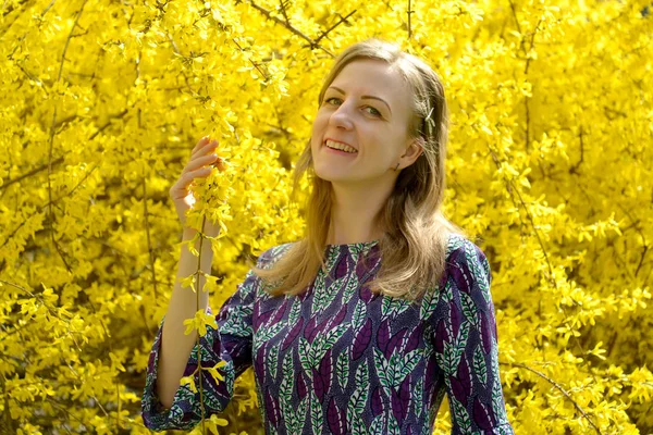 Portrait of the happy young woman against the background of the blossoming forsythi — Stock Photo, Image