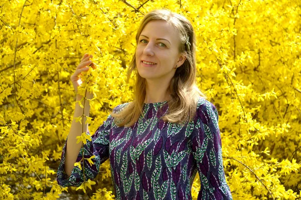 The happy young woman against the background of the blossoming forsythia. Portrait — Stock Photo, Image