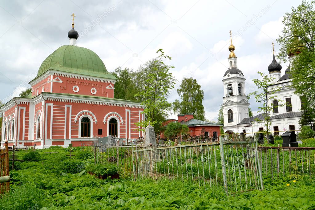 View of church in honor of the great martyr Georges the Victorious (1885) and church in honor of Ascension (1811). Rybinsk, Yaroslavl region