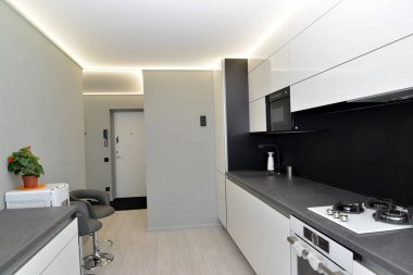 Gri-siyah tonlarda modern mutfağın iç