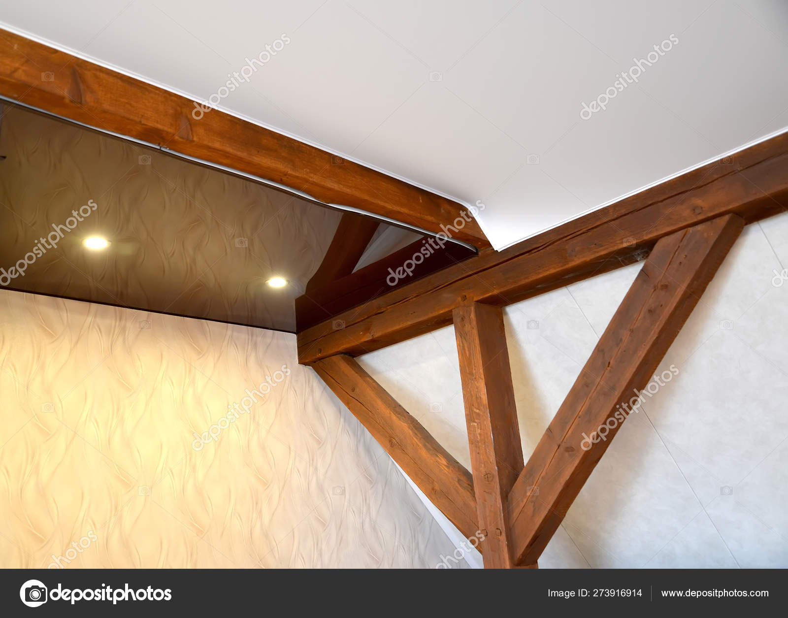 Premises Corner With A Box Of A Stretch Ceiling And Wooden Beams