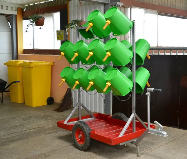 Pojízdný stojan s plastovými kbelíky pro nepájení vápenek. Mléčná farma — Stock fotografie