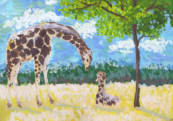 Женщина-жираф с детёнышем в саванне. Детский рисунок — стоковое фото