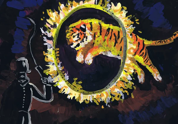 El tigre salta a través de un anillo de fuego. Representación en circo. Dibujo infantil — Foto de Stock