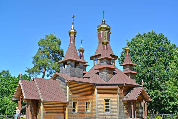 SLAVSK, RUSSIA - JUNE 22, 2019: The wooden temple in honor of St. Righteous John of Kronstadt. Kaliningrad region