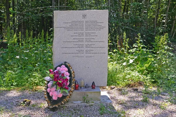 Obwód kaliningradzki, Rosja-22 czerwca 2019: stele w pamięci personelu polskiego konsulatu, który zmarł w obozie koncentracyjnym Hokhenbrukh. Rejon Sławski — Zdjęcie stockowe