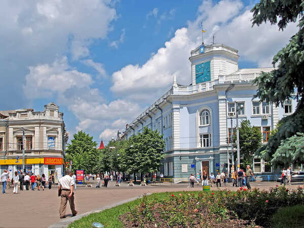 ZHYTOMYR, UKRAINE - JUNE 25, 2007: View of the mayor's office annd Mikhaylovskaya Street