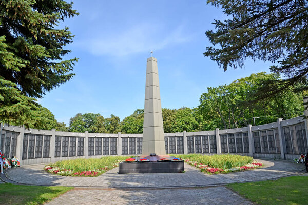 CHERNYAKHOVSK, RUSSIA - AUGUST 16, 2019: A memorial complex on a mass grave of the Soviet soldiers. Kaliningrad region