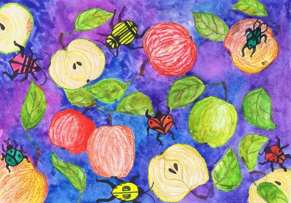 Print for fabric with apples and bugs on purple background. Children \'s drawing, mixed technique