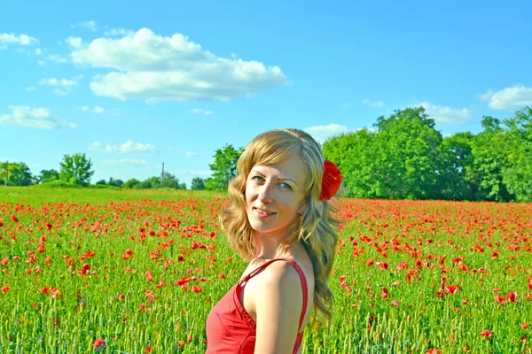 Une Jeune Femme Avec Pavot Rouge Dans Les Cheveux Tient — Photo