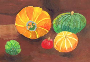 Kahverengi arka planda turuncu ve yeşil balkabakları. Çocuk çizimi (gouache, paper)