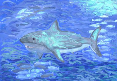 Dişli bir köpekbalığı küçük bir balık sürüsü arasında yüzer. Çocuk çizimi