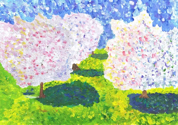 Flowering Spring Trees Children Drawing — Stock Photo, Image