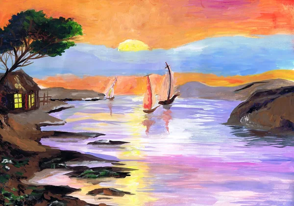Piękny Krajobraz Morski Jachtami Zachodzie Słońca Rysunek Dla Dzieci — Zdjęcie stockowe