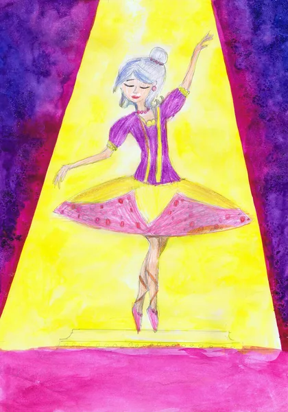 Ballerina Tančí Jevišti Světle Reflektorů Dětská Kresba — Stock fotografie