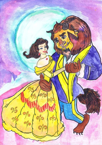 Illustration Fairy Tale Beauty Beast Children Drawing — Stock Photo, Image