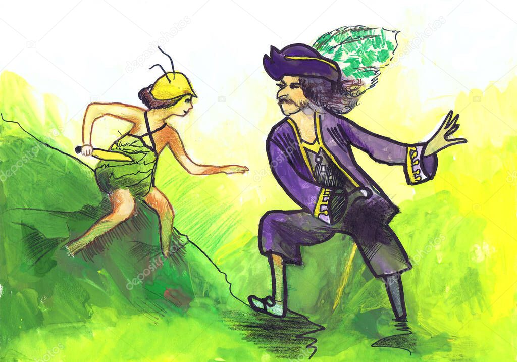 Peter Pan and Captain Hook. Illustration for the fairy tale by James Matthew Barry. Children's drawing