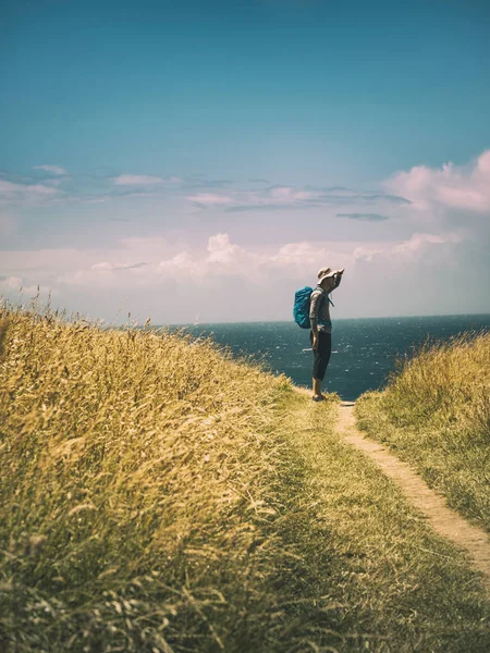 man walking on Camino de Santiago in Spain