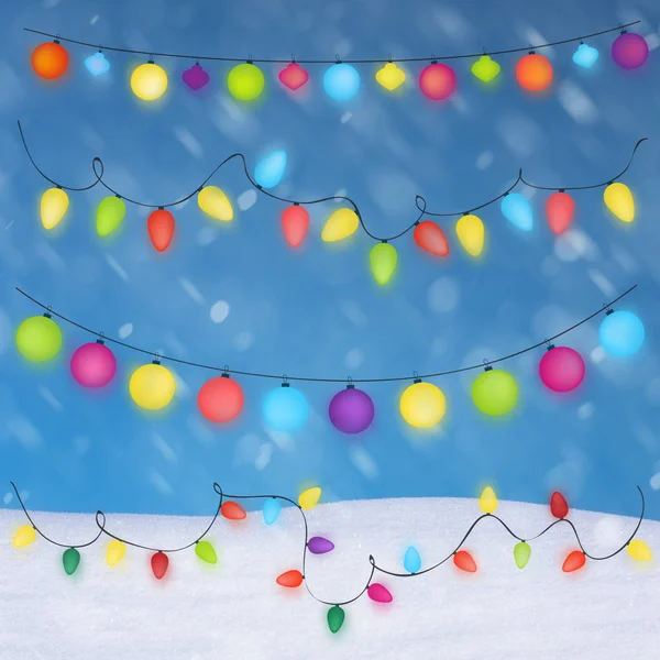 Weihnachtsbeleuchtung Hintergrund Und Schnee — Stockfoto