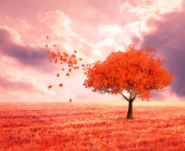 fantezi manzara kırmızı sonbahar ağacı