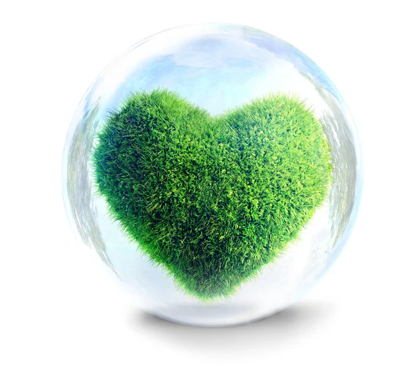 Coeur Herbe Dans Bulle Verre Concept Écologique Fragile Illustration — Photo