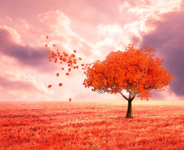 Paisagem Fantasia Com Árvore Outono Vermelho — Fotografia de Stock