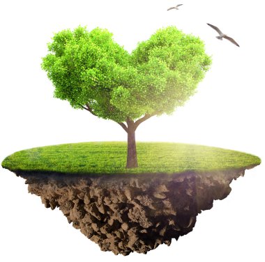 yeşil çim ada ağaç kalp şeklinde gökyüzünde yüzen