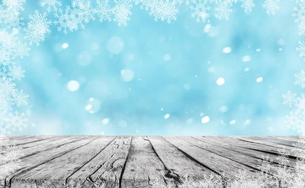 Wooden Table Winter Snow Background Snowflakes — Stock Photo, Image