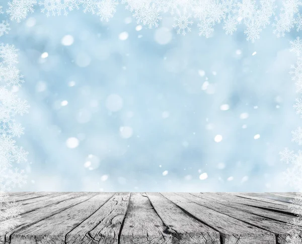 Wooden Table Winter Snow Background Snowflakes — Stock Photo, Image