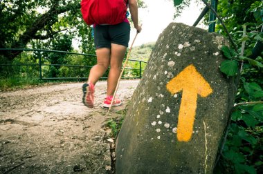 kız sırt çantası ile orman Camino de Santiago Seyahat.