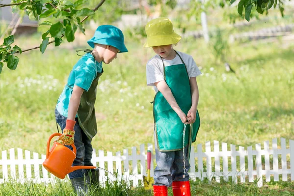 Copii Grădinărit Udare Plante Curtea Din Spate Primăvară — Fotografie, imagine de stoc