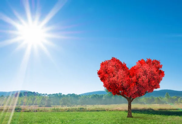 Fantasy valentines landscape with red tree in shape of heart — Stock Photo, Image