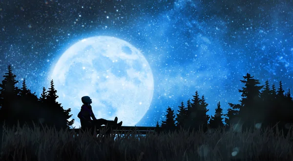Mädchen beobachtet die Sterne am Nachthimmel — Stockfoto