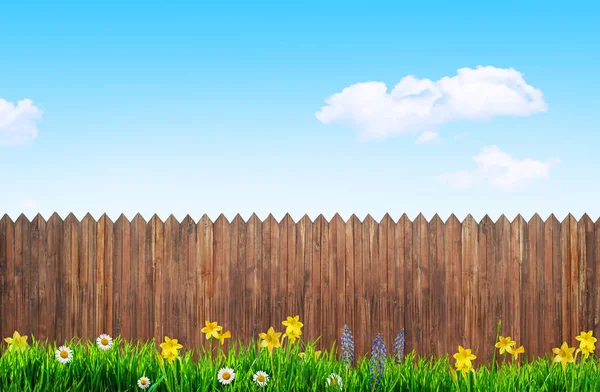 bahar çiçekleri ve ahşap bahçe çit 