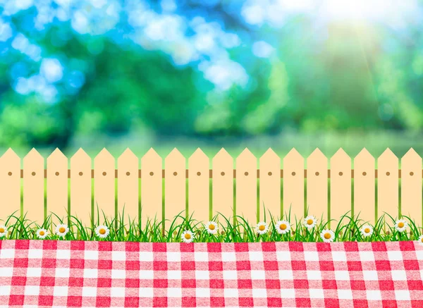 A picnic outdoor, tablecloth in backyard and wooden garden fence — Stock Photo, Image