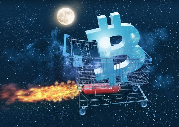 Precio bitcoin va al concepto de la luna, Ilustración 3D — Foto de Stock