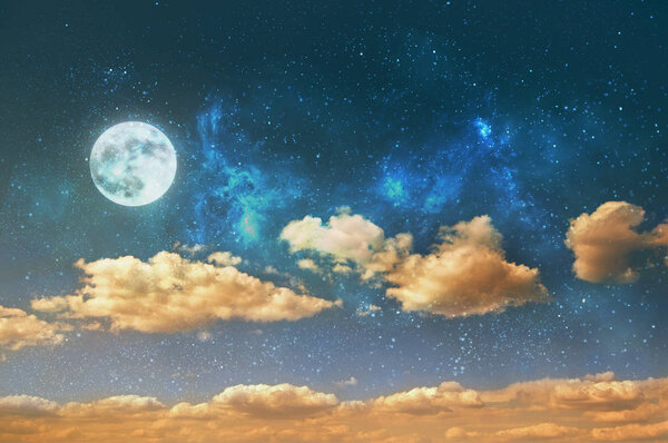 Night sky background with stars, moon and clouds